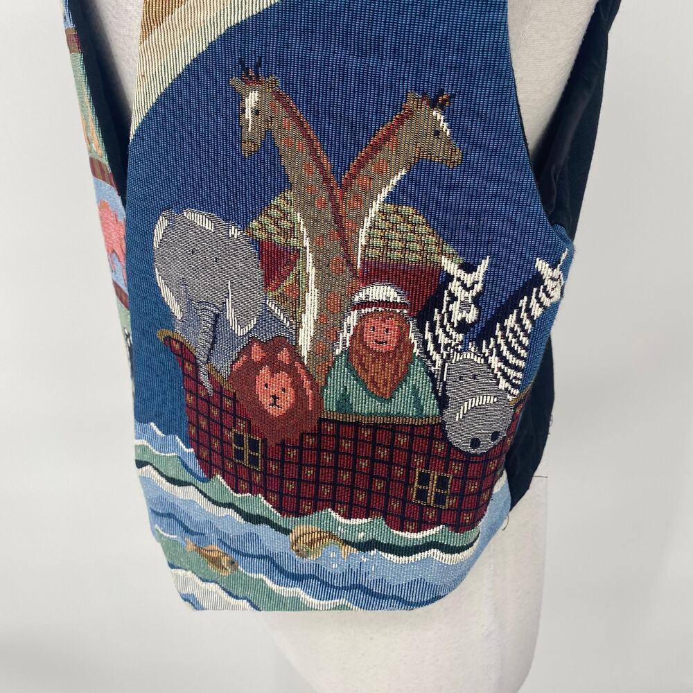 Vintage Noahs Ark Needlepoint Embroidered Animals Vest Open Front Blue Womens L - Picture 5 of 7
